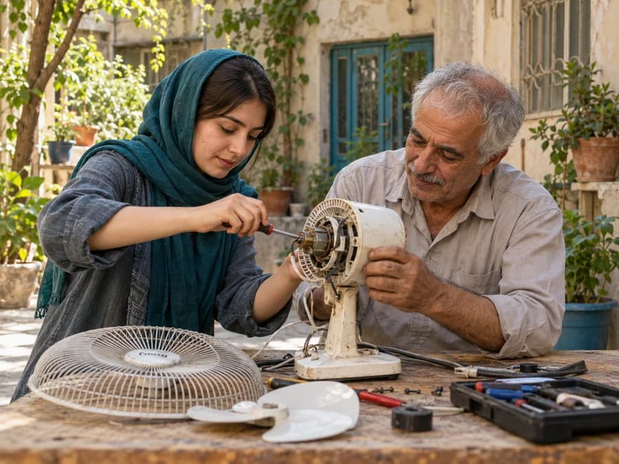 تعمیر یک پنکه با همراهی دو همسایه در حیاط خانه